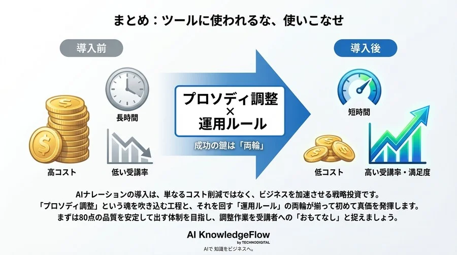 AIナレーションの「棒読み」脱却と工数管理：研修動画内製化を成功させるプロソディ調整の運用ルール - Conclusion Image
