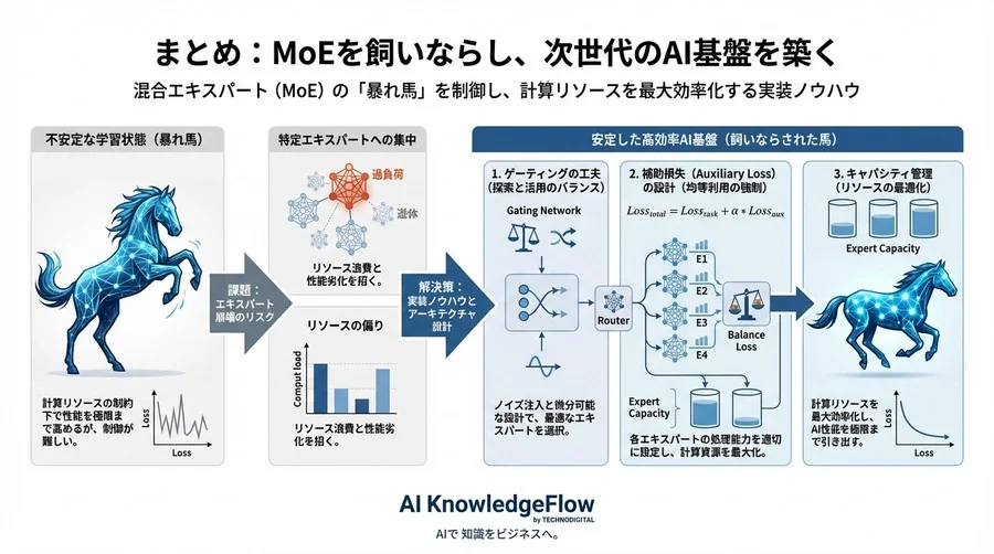 MoE学習が失敗する本当の理由：エキスパート崩壊を防ぐロードバランシングと損失関数設計の極意 - Conclusion Image