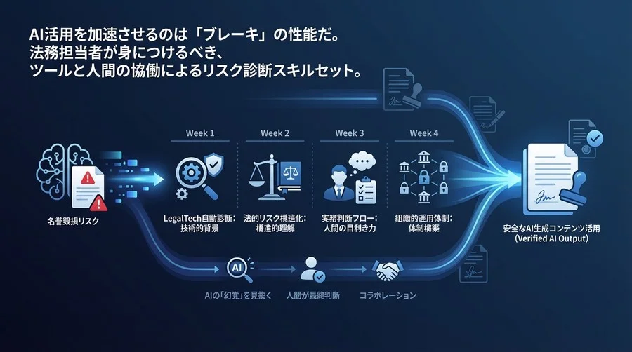 AI生成物の名誉毀損リスクを自動診断で防ぐ。法務担当者が4週間で習得するLegalTech活用と判断スキルの全貌