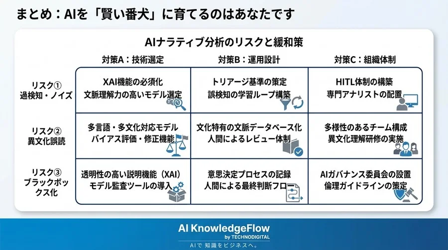 AIナラティブ分析で防ぐ組織的世論操作：導入時の「誤検知リスク」と現実的な運用設計ガイド - Conclusion Image
