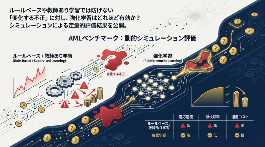 【AMLベンチマーク】強化学習は「変化する不正」をどれだけ早く検知できるか？動的シミュレーション評価