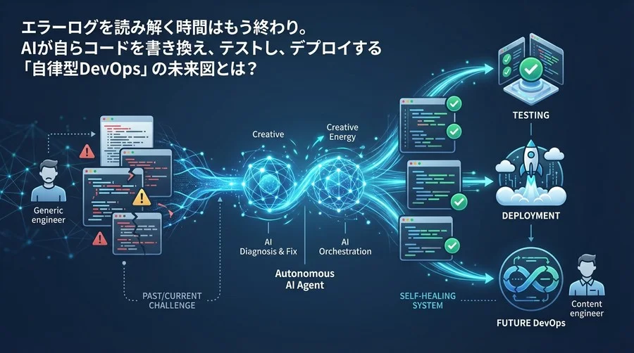 エラーログを読み解く時間はもう終わり。AIが自らコードを書き換え、テストし、デプロイする「自律型DevOps」の未来図