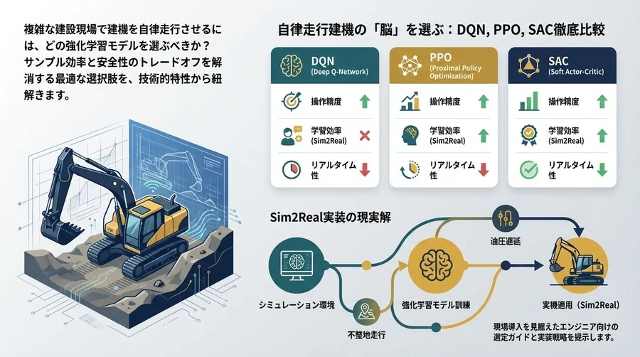 自律走行建機の「脳」を選ぶ：DQN, PPO, SAC徹底比較とSim2Real実装の現実解