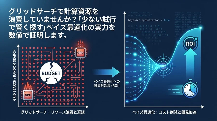 グリッドサーチで予算を溶かすな：AI開発コストを劇的に下げる「ベイズ最適化」の投資対効果