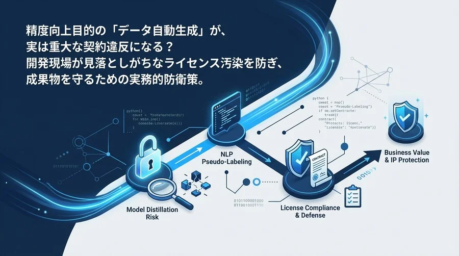 NLP擬似ラベル自動生成の法的リスクと回避策：モデル蒸留禁止条項とライセンス汚染を防ぐ実務ガイド