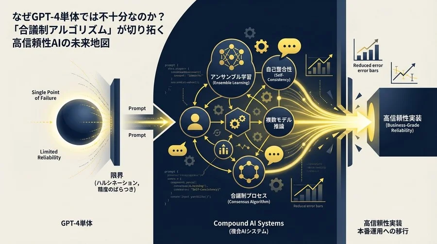 ChatGPT単体の限界を超える：「合議制アルゴリズム」と複合AIシステムで実現する高信頼性実装戦略