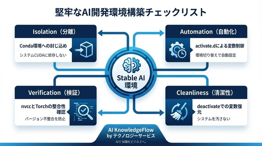 Conda環境変数の自動フックで実現する「壊れない」CUDA管理術：複数プロジェクト並行開発の最適解 - Conclusion Image