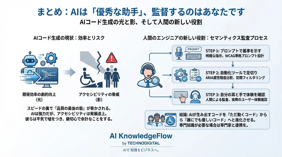 AI生成コードは「誰」を排除するか？主要ツールのARIA属性精度比較とアクセシビリティ監査の極意 - Conclusion Image