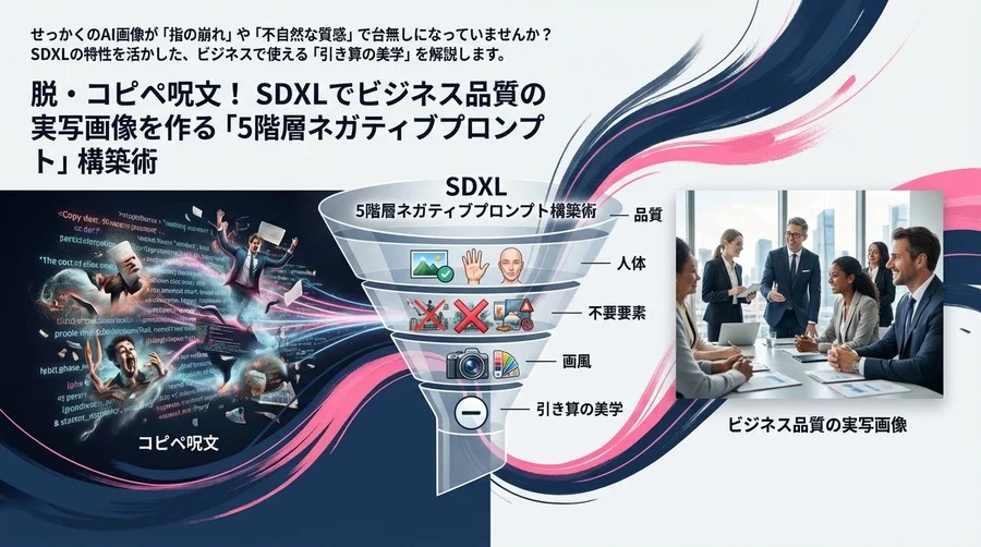 脱・コピペ呪文！SDXLでビジネス品質の実写画像を作る「5階層ネガティブプロンプト」構築術
