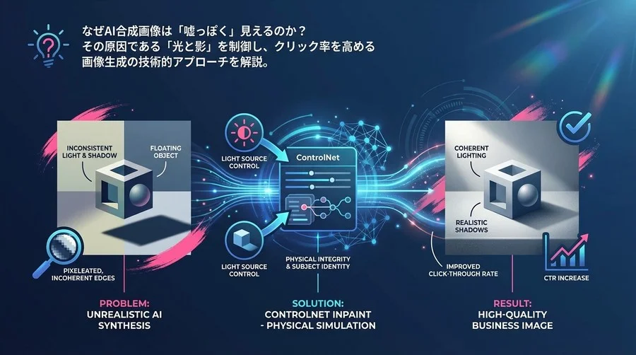 AI商品画像が「嘘っぽく」見える物理的理由：ControlNet Inpaintで制御する光と影の整合性