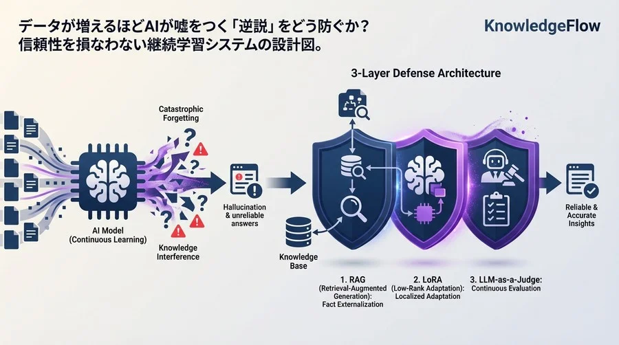 データ増加が招くAIの嘘：継続学習のパラドックスを克服する3層防御アーキテクチャ