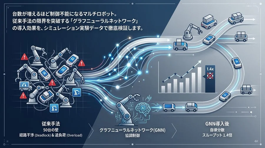 ROSマルチロボットの「50台の壁」を突破する：GNN協調制御による物流倉庫のスループット向上ガイド