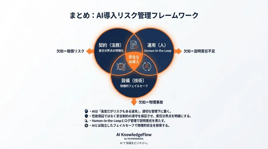 AIによる加工条件変更で事故は誰の責任？強化学習導入前に法務と現場が握るべき「責任分界点」の正解 - Conclusion Image