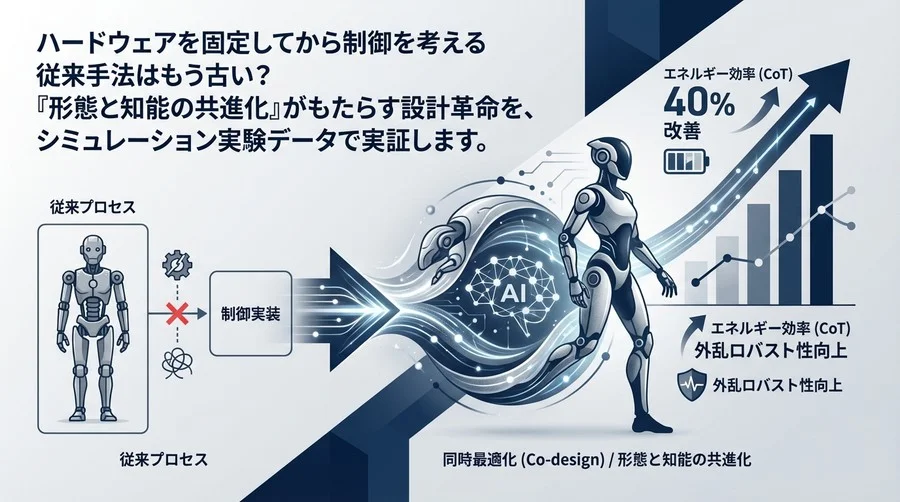 二足歩行ロボットの「形態と制御の同時最適化」：エネルギー効率40%改善のメカニズムと導入ガイド