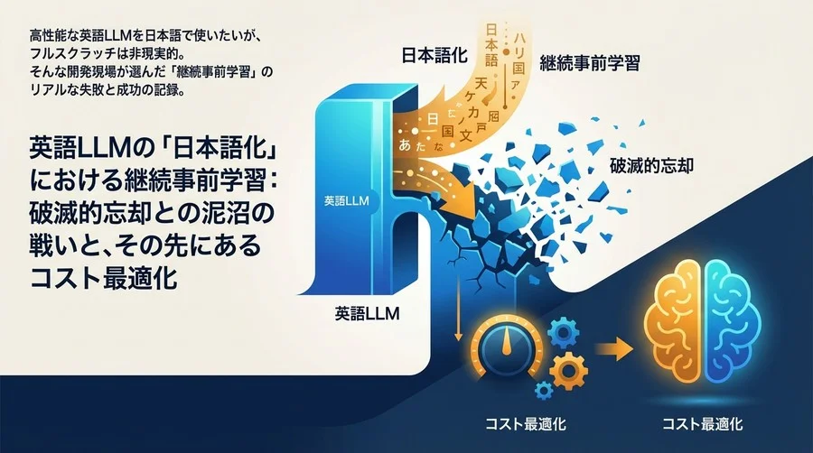 英語LLMの「日本語化」における継続事前学習：破滅的忘却との泥沼の戦いと、その先にあるコスト最適化