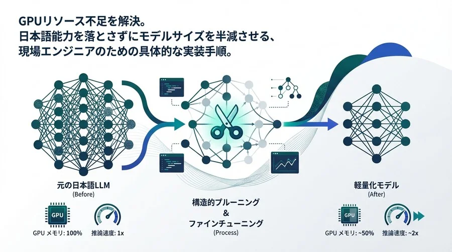 【実装コード付】日本語LLMのモデルプルーニング実践：GPUメモリを半減させ推論速度を倍増させる構造的軽量化手法
