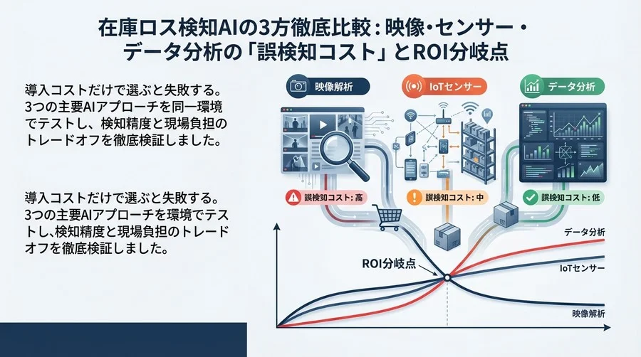 在庫ロス検知AIの3方式徹底比較：映像・センサー・データ分析の「誤検知コスト」とROI分岐点