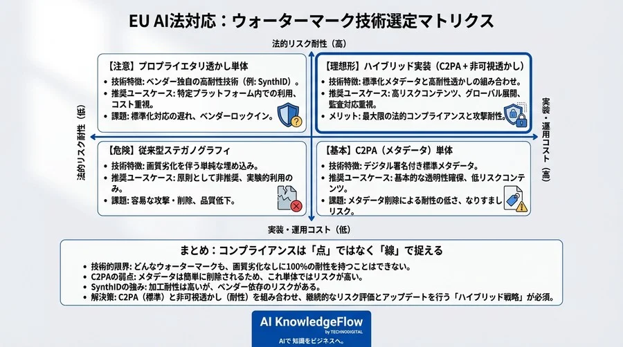 EU AI法表示義務の落とし穴：ウォーターマーク耐性評価と「入れたつもり」を防ぐハイブリッド実装戦略 - Conclusion Image