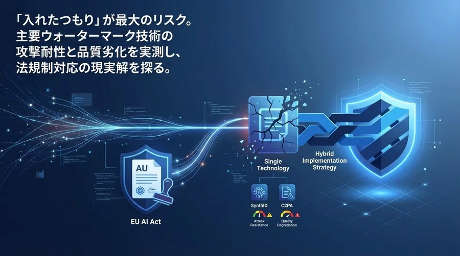 EU AI法表示義務の落とし穴：ウォーターマーク耐性評価と「入れたつもり」を防ぐハイブリッド実装戦略