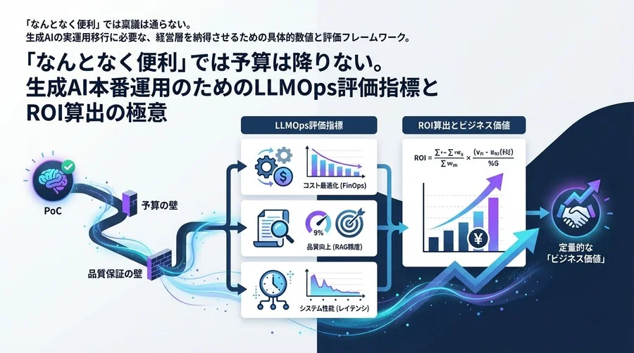 「なんとなく便利」では予算は降りない。生成AI本番運用のためのLLMOps評価指標とROI算出の極意