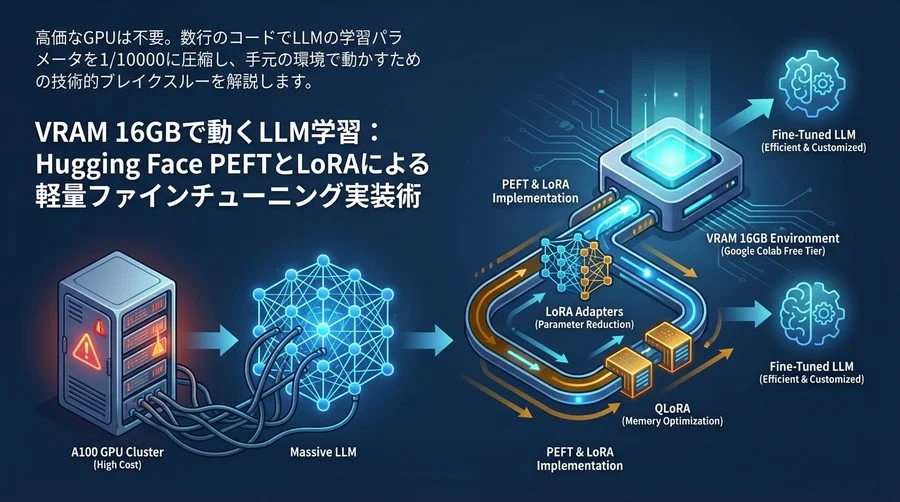 VRAM 16GBで動くLLM学習：Hugging Face PEFTとLoRAによる軽量ファインチューニング実装術
