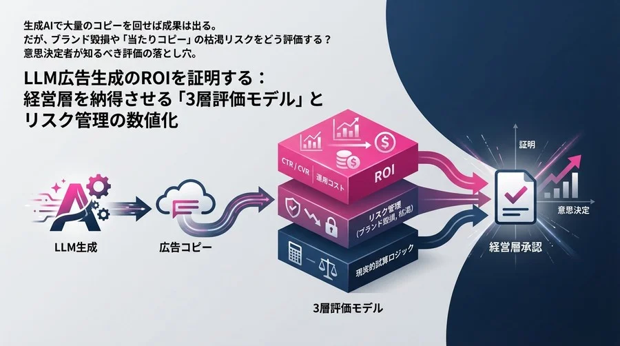 LLM広告生成のROIを証明する：経営層を納得させる「3層評価モデル」とリスク管理の数値化