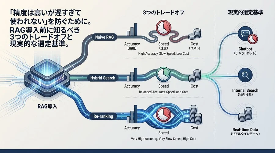 RAG導入の失敗回避：「高精度だが遅すぎる」を防ぐ3つのトレードオフと現実的選定基準