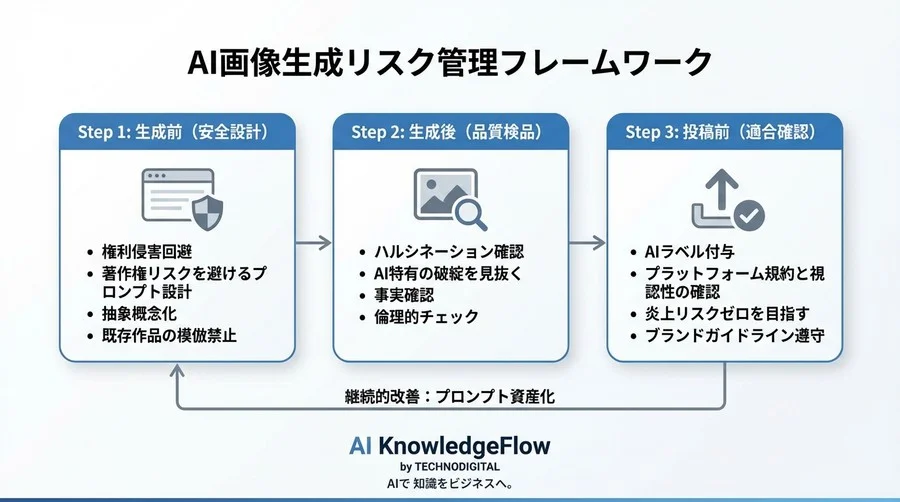 SNS担当者が知るべきAI画像生成の「守りの鉄則」：炎上リスクゼロを目指す3段階チェックリスト - Conclusion Image