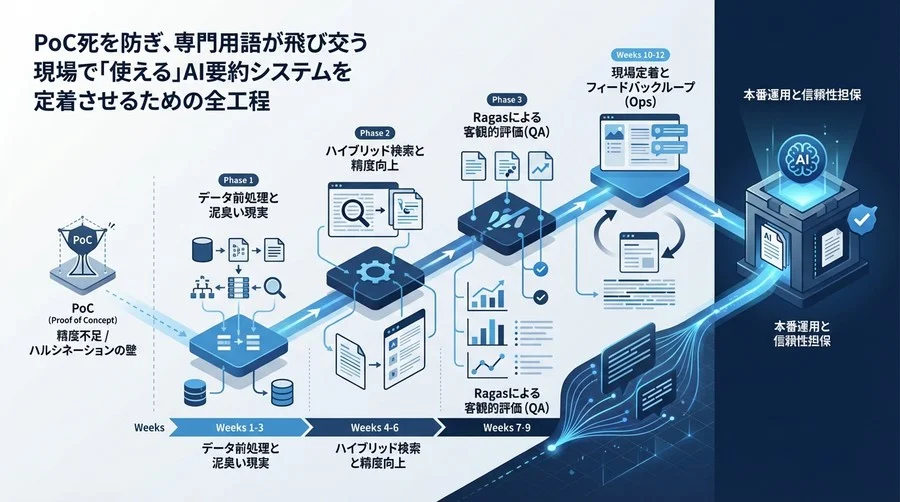 PoCで終わらせないための社内文書要約：精度と信頼性を担保する12週間ロードマップ