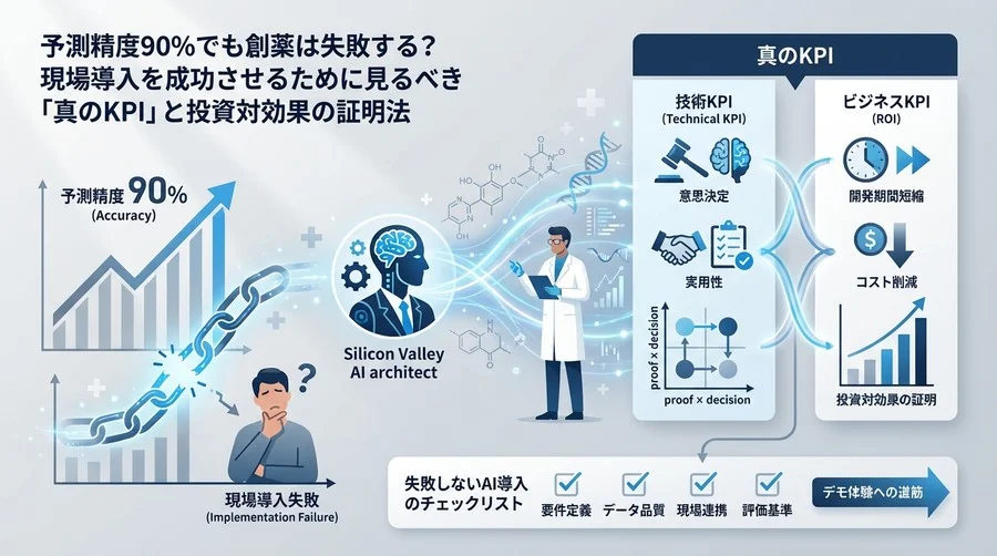 予測精度90%でも失敗？創薬AI導入の成否を分ける「真のKPI」と投資対効果の証明