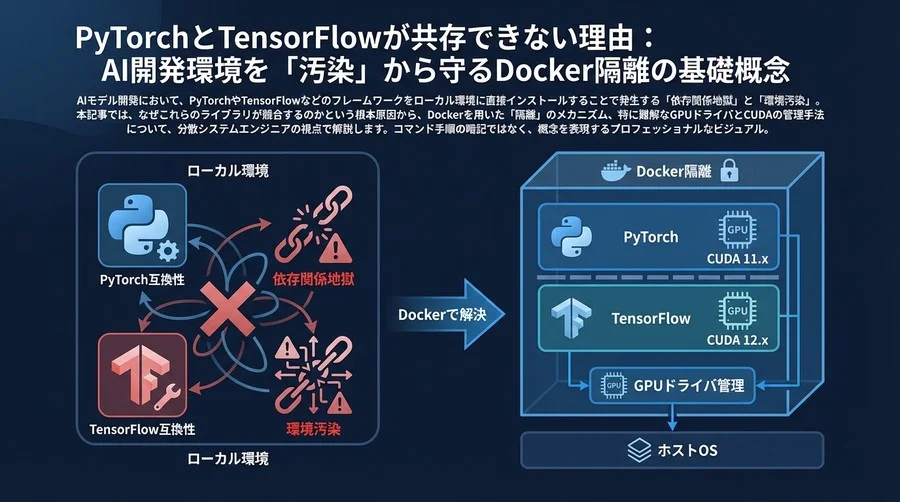 PyTorchとTensorFlowが共存できない理由：AI開発環境を「汚染」から守るDocker隔離の基礎概念
