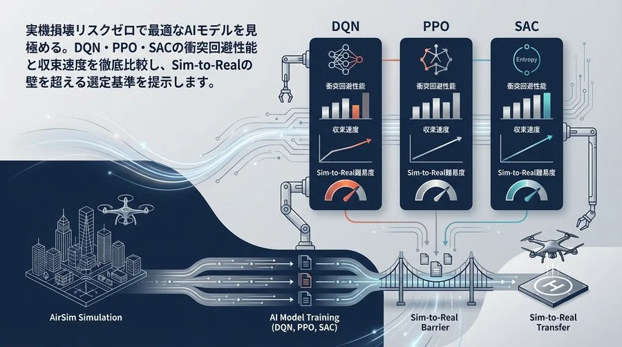 AirSimドローンAI自律飛行：DQN・PPO・SACの衝突回避と実機移行性を徹底比較