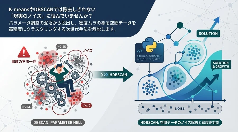 DBSCANのパラメータ地獄から脱却するHDBSCAN実装術：空間データのノイズ除去と密度差対応