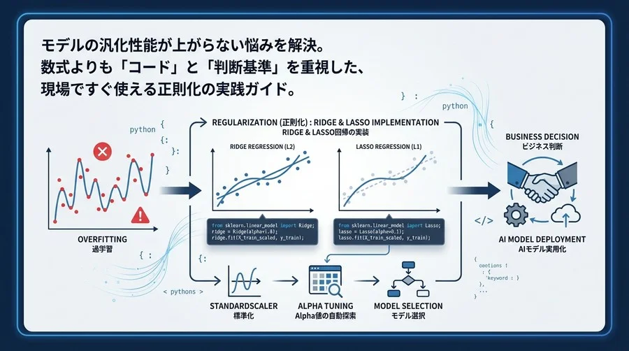 Ridge/Lasso回帰の実装ガイド：過学習を抑制しAIモデルを実用化する正則化テクニック