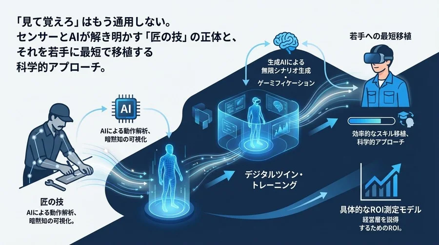 「見て盗め」はもう限界。AI×VRデジタルツインが熟練工の「暗黙知」を数値化し、若手へ最短移植する科学的アプローチ
