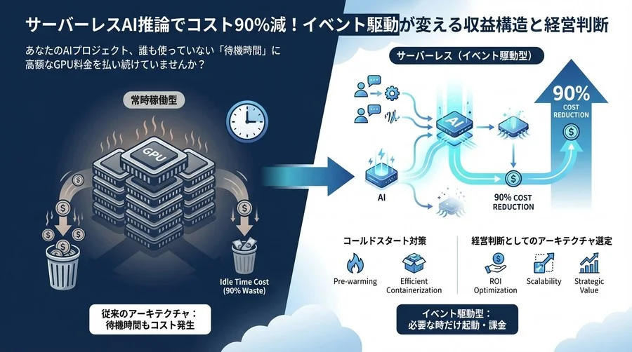 サーバーレスAI推論でコスト90%減！イベント駆動が変える収益構造と経営判断