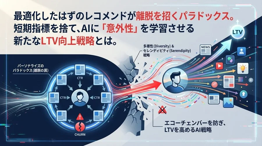 推薦アルゴリズムの最適化が招く離脱の罠。エコーチェンバーを防ぎLTVを高める「多様性」戦略