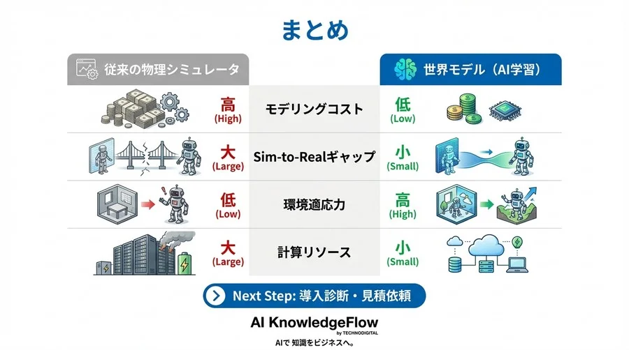 物理シミュレータの「死角」をAIが補完する：世界モデルによるコスト削減とSim-to-Real解消の現実解 - Conclusion Image