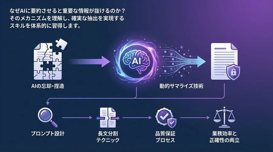 AI要約の「読み落とし」を防ぐ技術：長文処理の精度を劇的に高める動的サマライズ実践講義