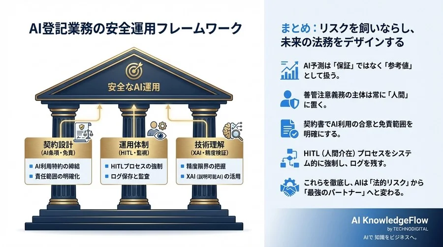 登記AI予測の「外れ」は誰の責任か？善管注意義務から紐解く安全な導入設計と契約実務 - Conclusion Image