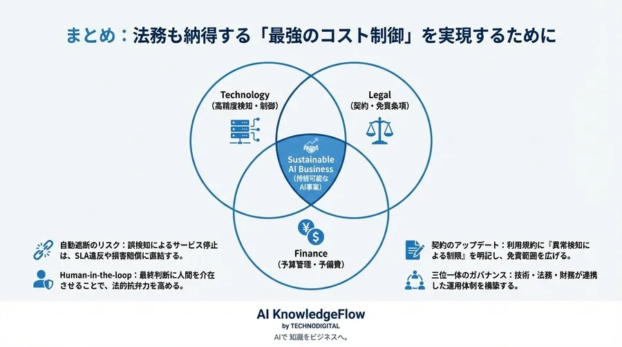 API自動遮断が招く法的リスクとは？コスト暴走とSLA違反のジレンマを解消するガバナンス構築 - Conclusion Image
