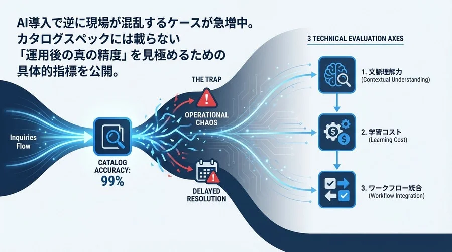 問い合わせ自動分類AIの罠：カタログ精度99%でも現場が破綻する理由と失敗しない3つの技術的評価軸