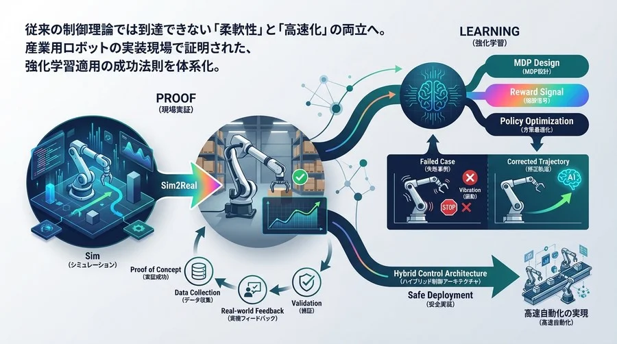 強化学習によるロボットアーム軌道計画：Sim2Realと報酬設計で実現する高速自動化の現場実装論