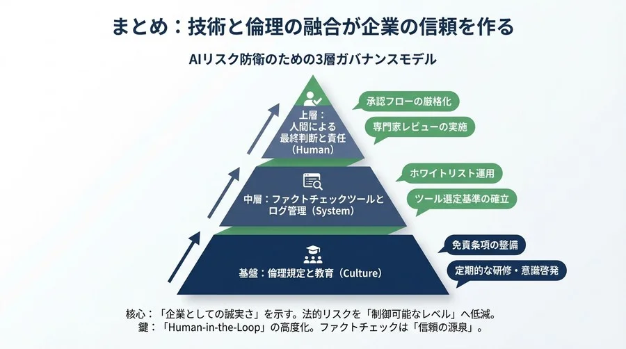 生成AIの「嘘」から企業を守る法的防衛策：ファクトチェックツールの導入と「相当な注意義務」の立証戦略 - Conclusion Image