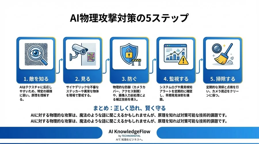 監視カメラがステッカー1枚で無力化？現場管理者が知るべき物理的AI攻撃と5つの補正対策 - Conclusion Image